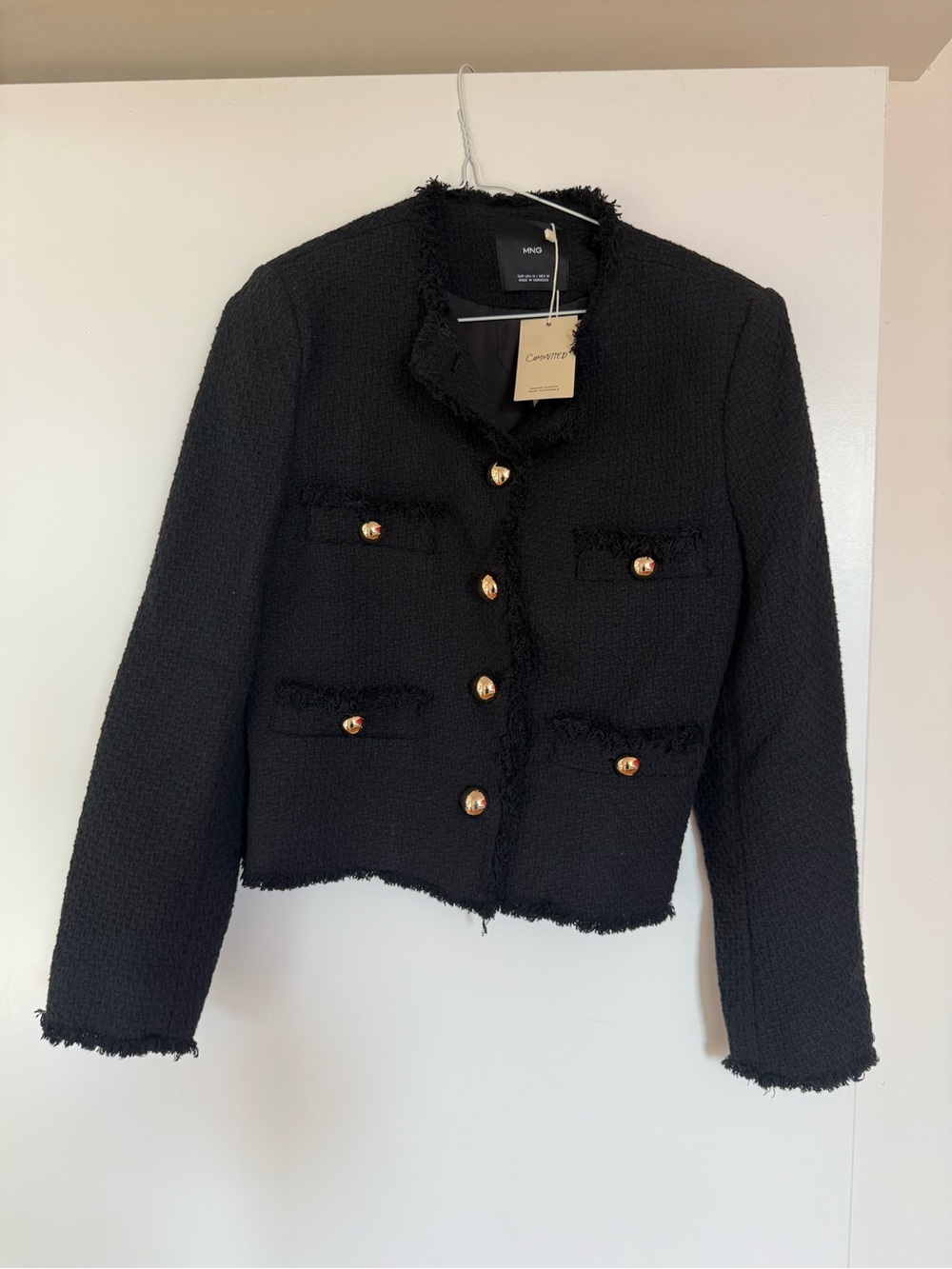 Mango Black Tweed Cropped Blazer with Gold Buttons